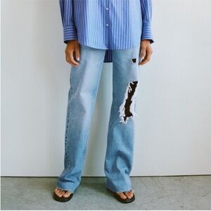 Zara Light Blue Distressed Straight Leg Jeans size 2